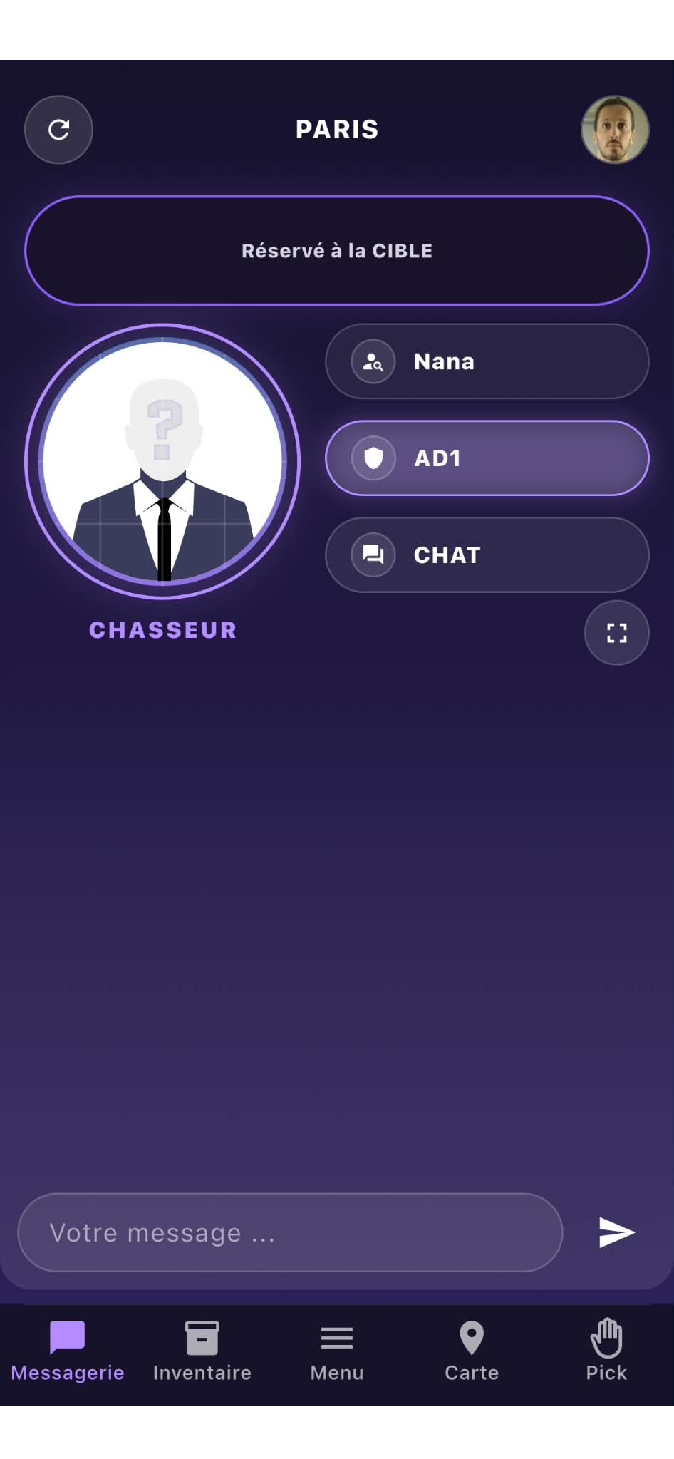 Messagerie privée avec le chasseur