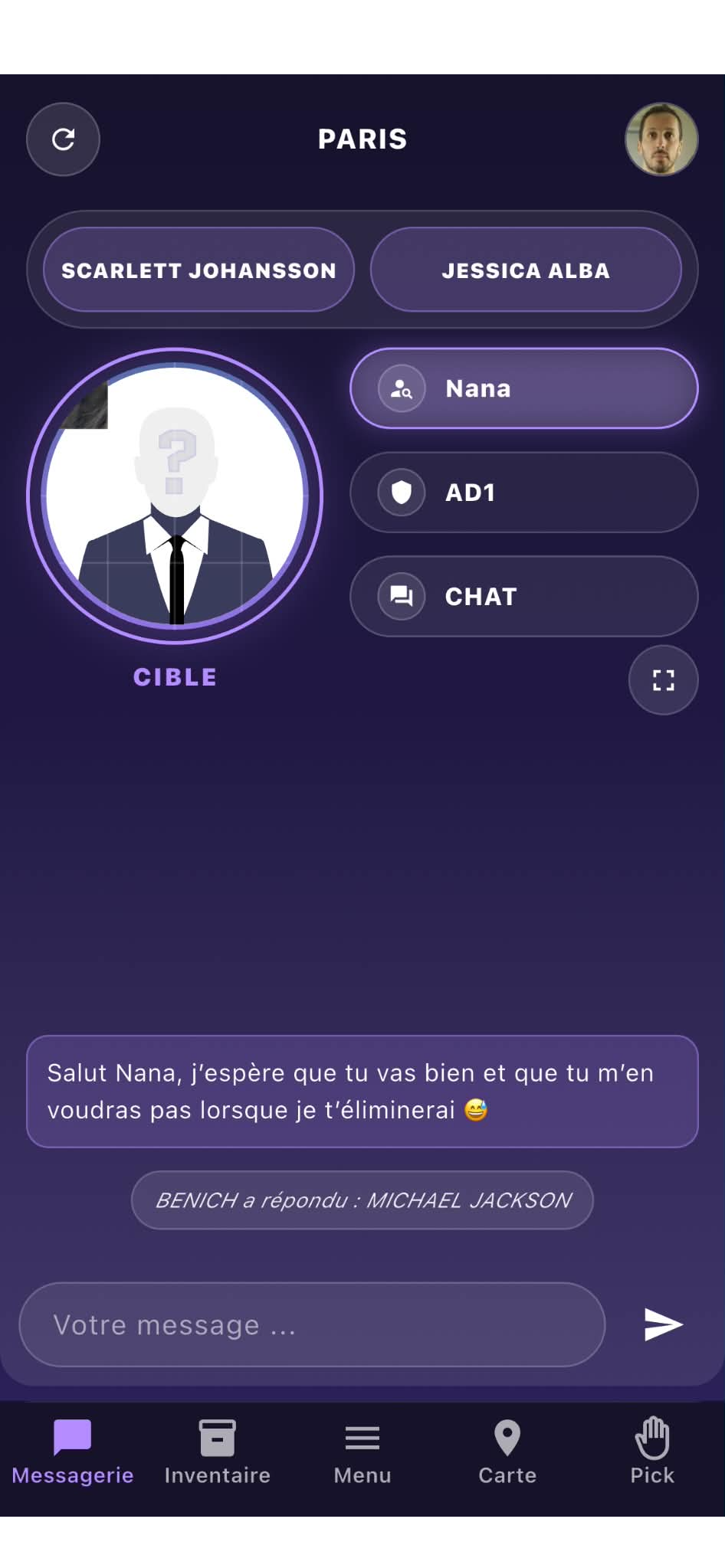 Réponse affichée dans la messagerie avec la cible