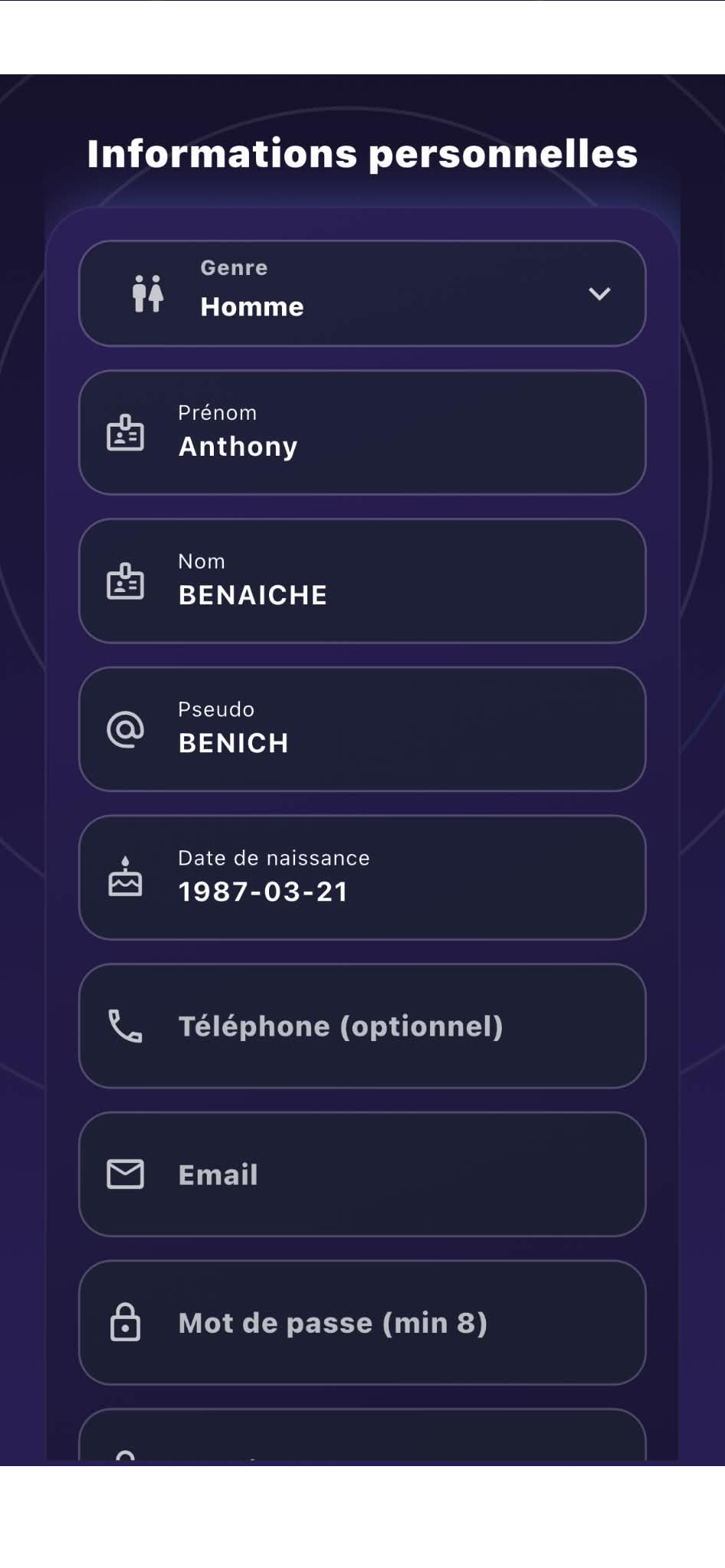 Écran d’inscription avec les informations personnelles