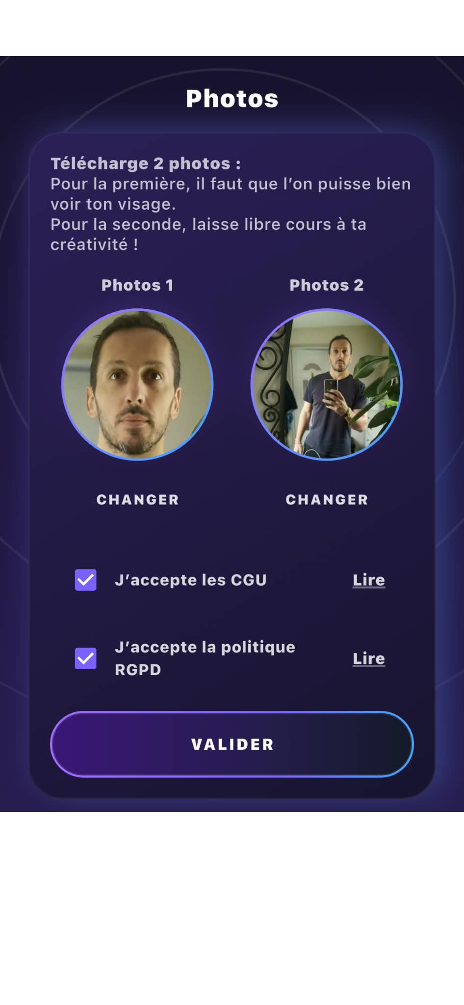Écran de téléchargement des photos d’inscription