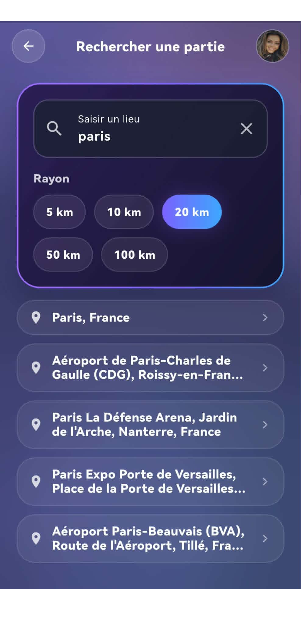 Écran de saisie du lieu recherché